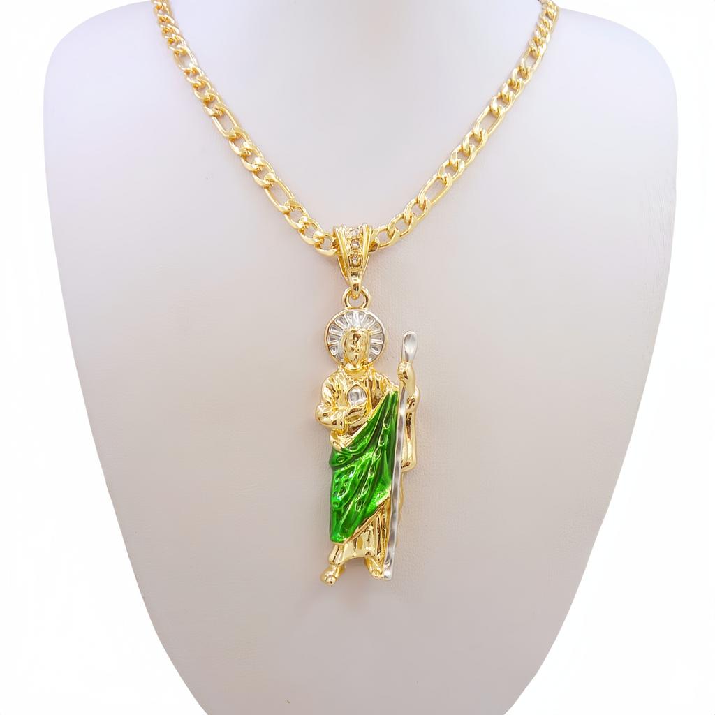 Green St. Jude Pendant Necklace - St. Judas San Judas Tadeo Figaro Chain Catholic Saint Zircon for Men Women