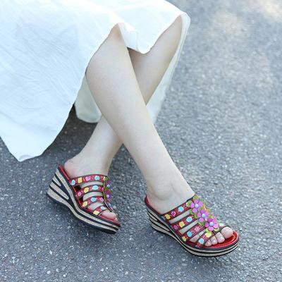 Echtes Leder handbemalte Damen Wedges Hausschuhe Retro Flower Outside Slides Plateauschuhe