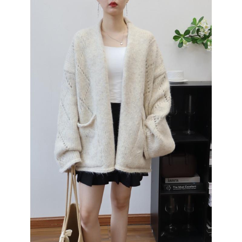 

Фиолетовый вязаный кардиган осень и зима новый дизайн ленивый стиль свободный высококачественный свитер куртка женский one size fits all