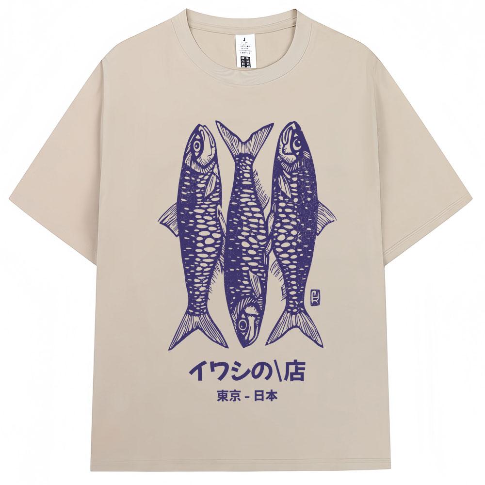 Japanese Style Sardines Shop Print Tshirt Summer Fashion Vintage Unisex Women T Shirt Oversized Cotton Casual T Shirts Streetwear