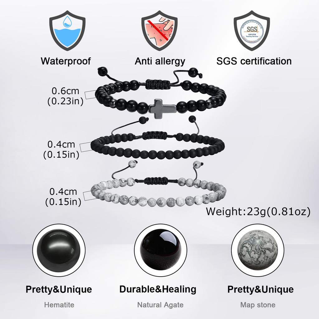 3 Stück Herren Perlenarmband, Vintage Schwarz Weiß Naturstein Perlen Verstellbares Armband, Cooles Schmuckgeschenk für Ihn