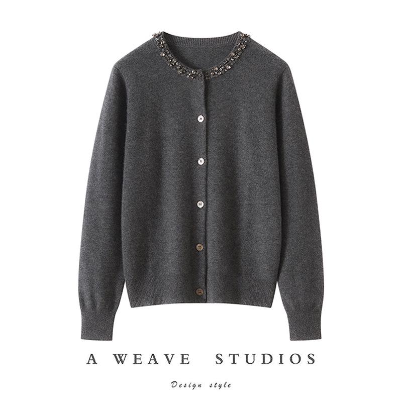 2026 Autumn/Winter Women's Beaded 100% Cashmere Round-Neck Versatile Cardigan Sweater