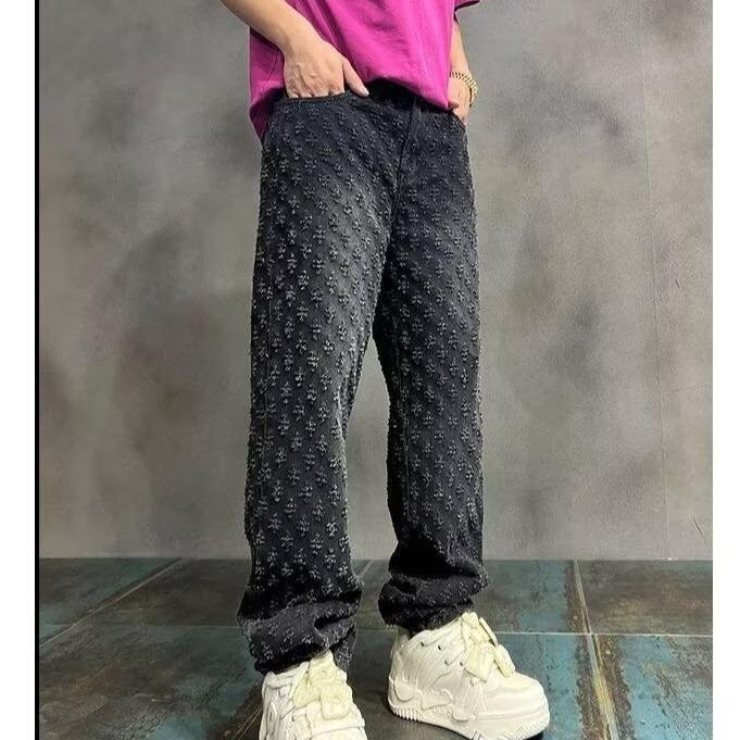 Winter Retro High Street Men's Full Print Jacquard Loose Straight-Leg Jeans