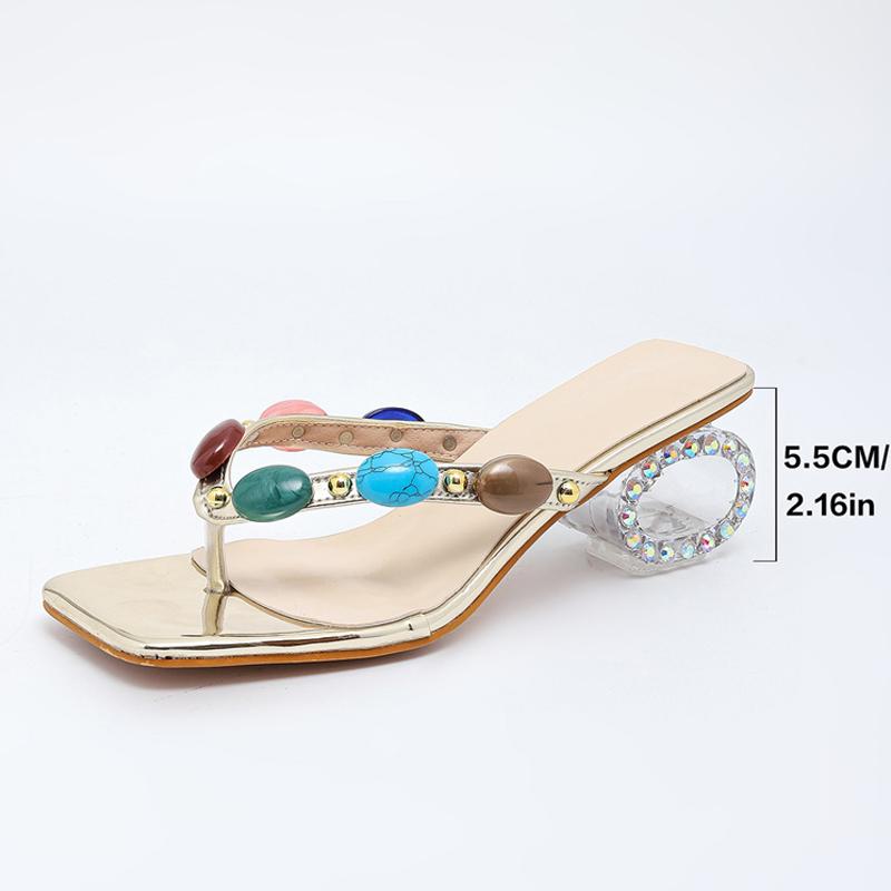 New Fashion Crystal Strange Fretwork Heels Party Slippers Colour Gem Narrow Band Flip Flops Women Shoes Gladiator Sandals