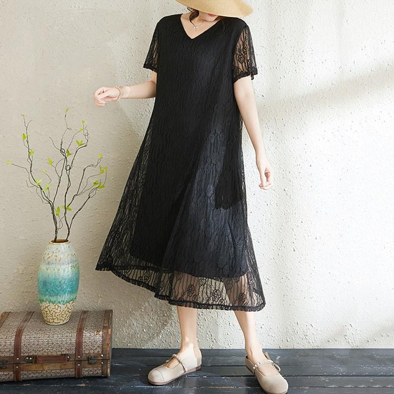 Korte mouw Grote maten kant vintage bloemen nieuw in jurken voor dames casual los lang zomerjurk