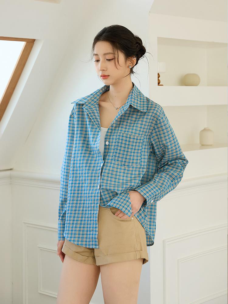 Women's Retro Plaid Loose Fit Shirt - Korean Style Long Sleeve Top for Spring & Autumn Casual Wear