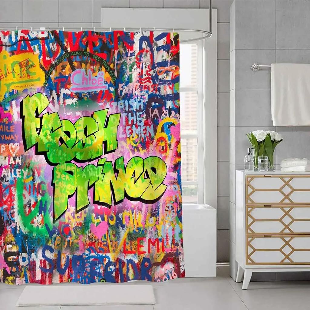 Colorful Graffiti Shower Curtain Abstract Art Home Creative Bathroom Curtains Decor Polyester Fabric Quick Drying Set With Hooks