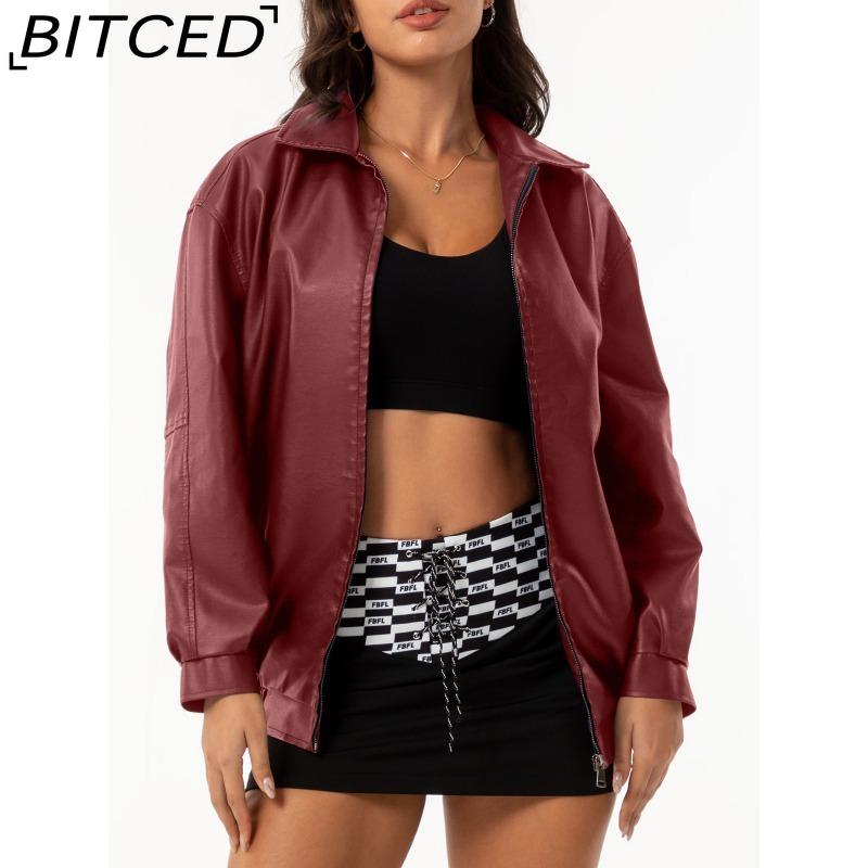 BITCED Fashionable Oversized Leather Jacket for Women Long-Sleeve Collared Spring/Fall Coat