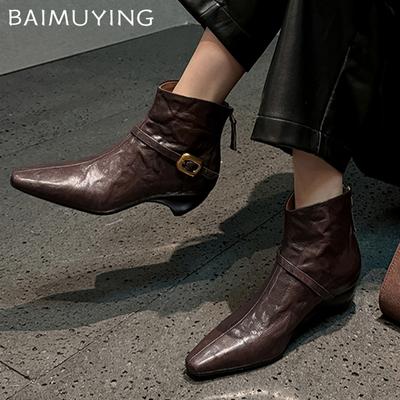 Pointed Toe Women Ankle Boots Designer Leather Mid Heels Shoes 2025 Trend Winter New Fashion Chelsea Boots Goth Botas De Mujer