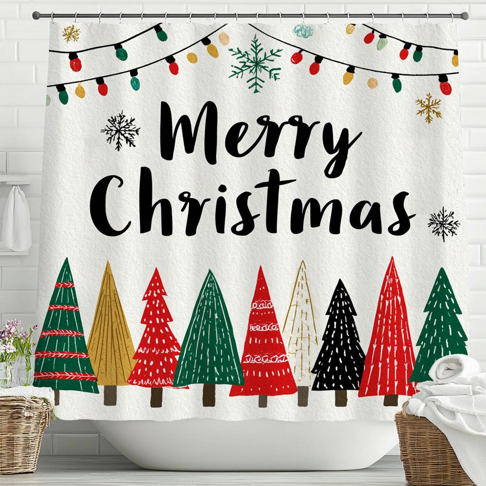 Merry Christmas Cartoon Shower Curtain, Bathroom Decorative Shower Curtain, Printed Christmas Tree Shower Curtain with Hooks 90x180cm-35x70in