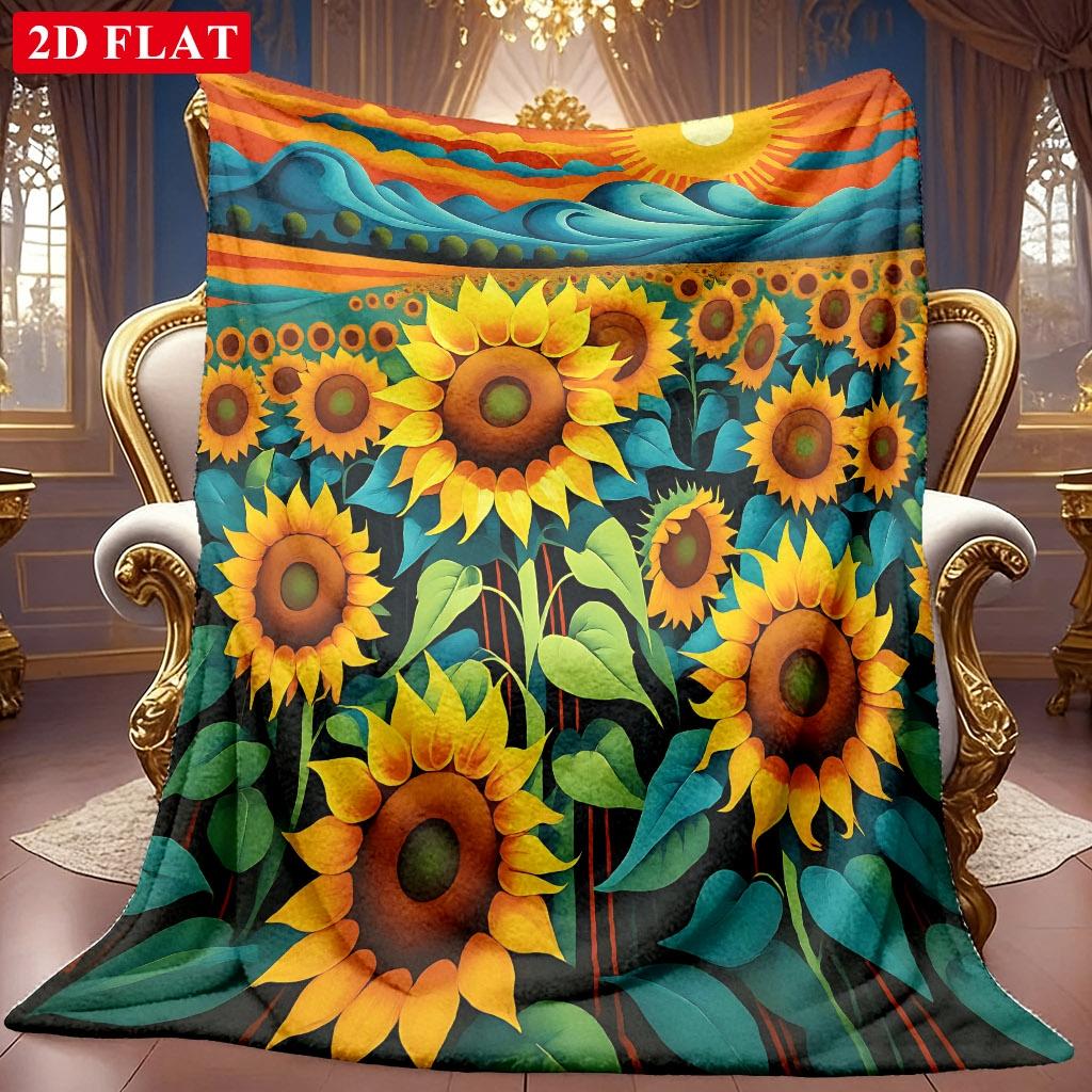 A 2D Sunflower Field-themed Flannel Blanket with Soft High-definition Digital Printing, a Cooling Blanket Suitable for All Seasons! Soft and Breathabl