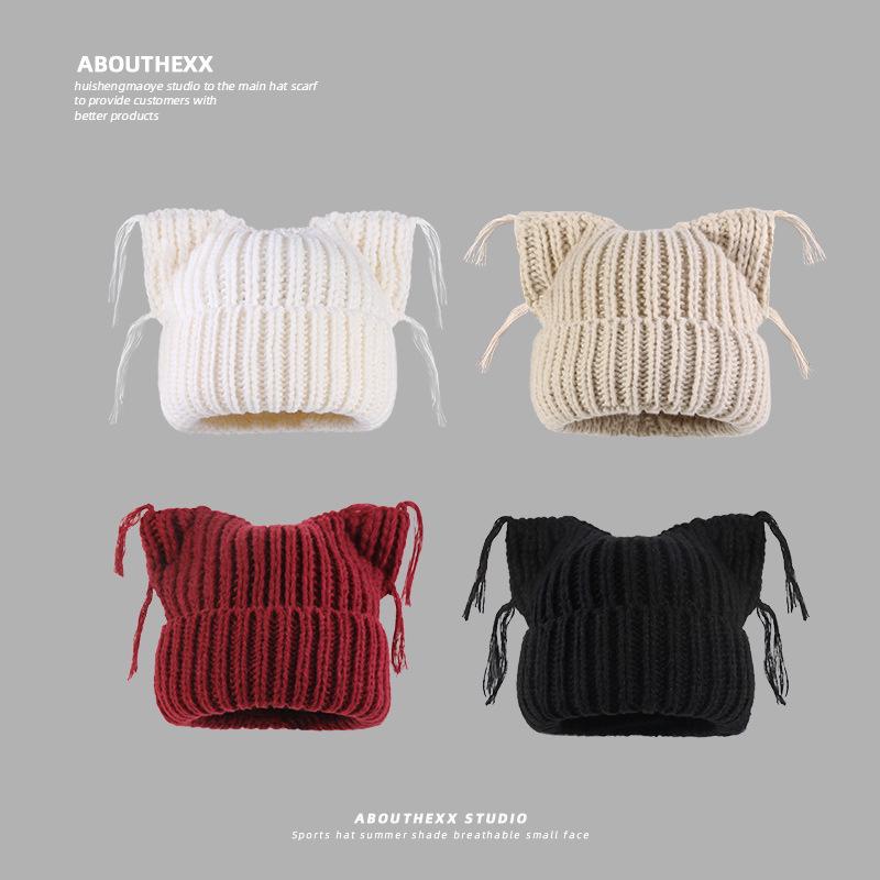 Fashionable Women's Knitted Cat Ear Tassel Wool Hat - Warm & Stylish for Autumn/Winter