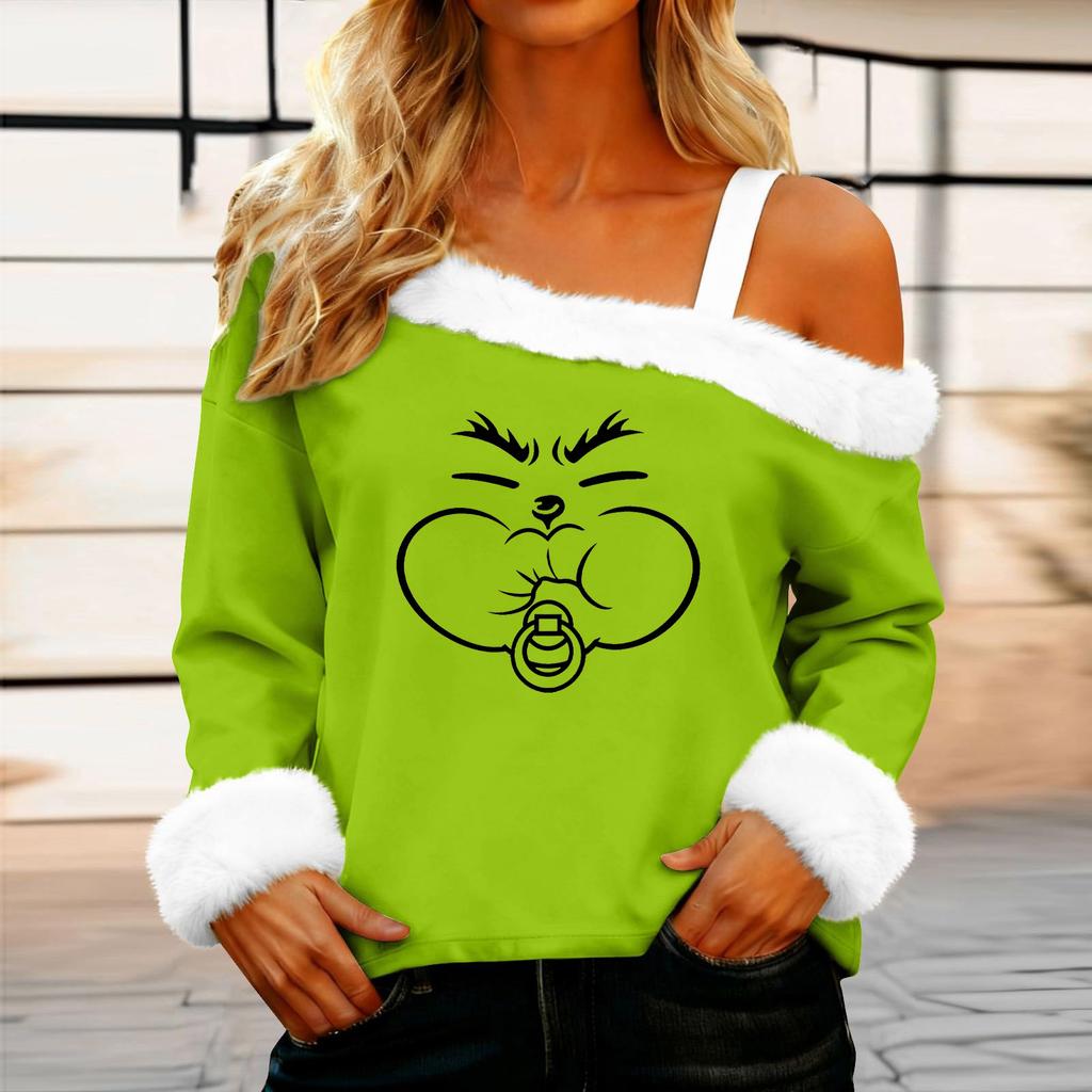 Women's Casual Fashion Sexy Off-Shoulder Collar Christmas Pattern Long Sleeve Crewneck T-Shirt Top