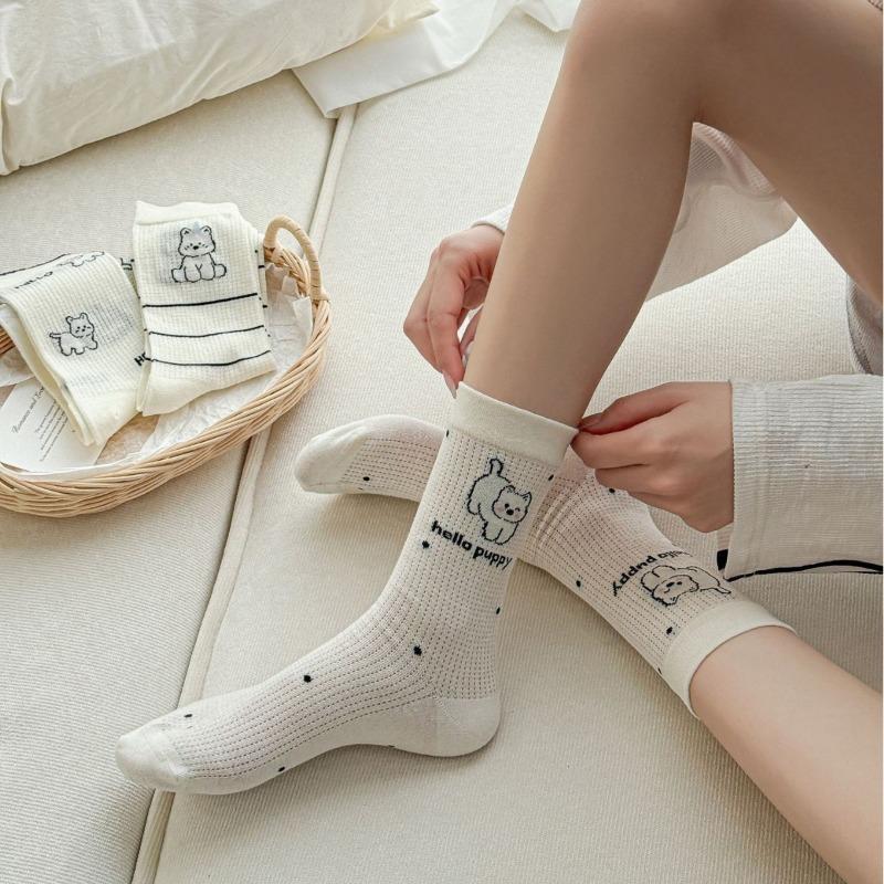 Cartoon Socks, Women's Mid-calf Socks, Trendy Early Autumn, Cute School Style, Bow, Puppy, Striped Long Socks