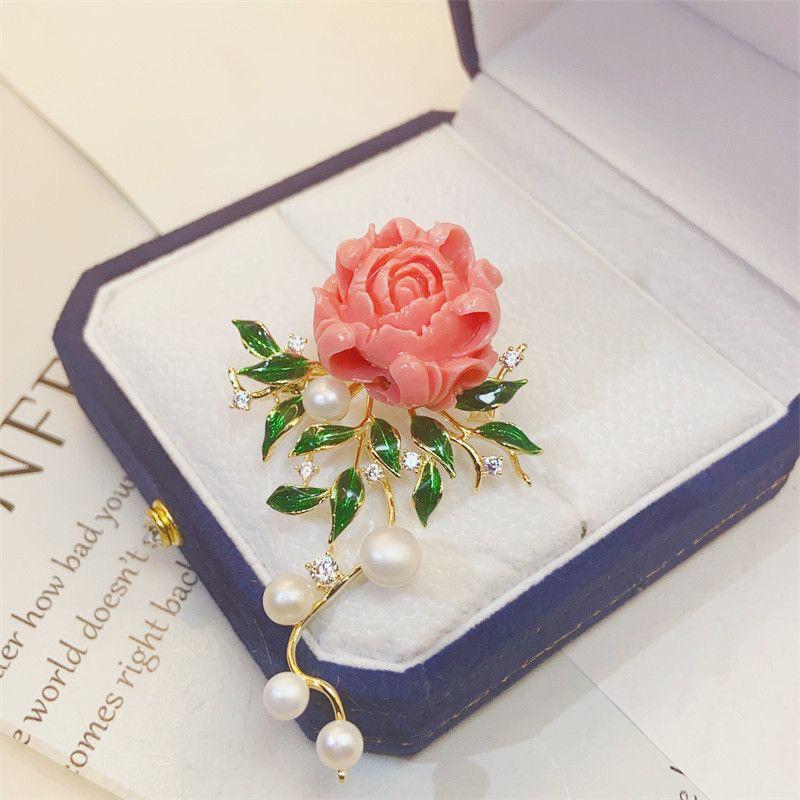 Luxury Pink Peony Pearl Brooch - Festive Retro Flower Accessory