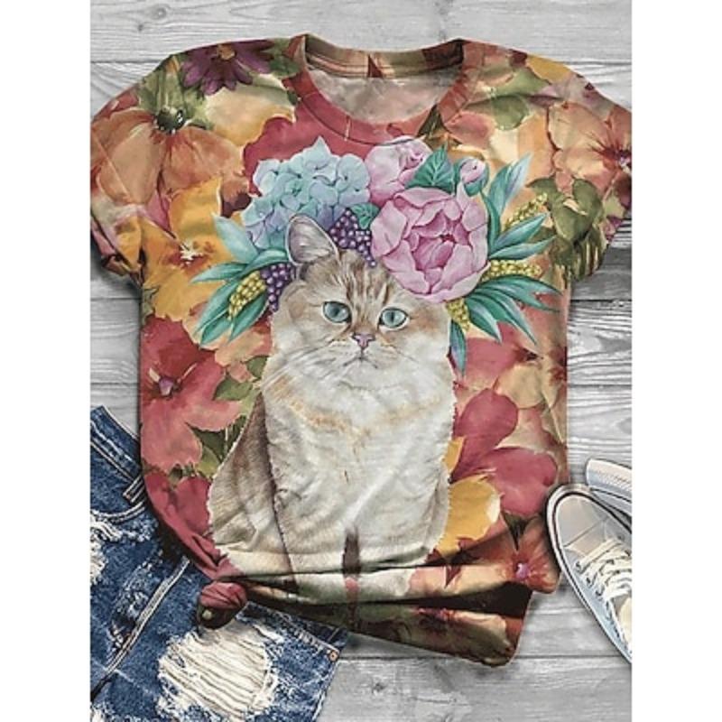Women's T Shirt Fashion Funny Floral Cat Print Short Sleeve Regular Tops Round Neck Holiday Summer