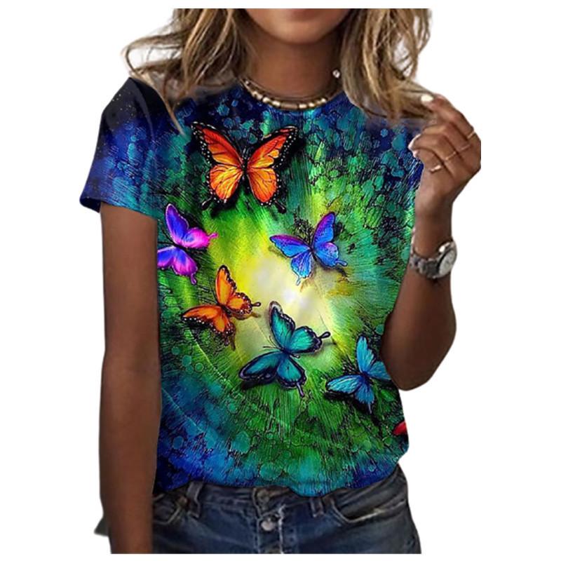 Summer Round Neck 3D Feather Animal Simplicity Print Top Fashionable Casual Short Sleeved Women's T-shirts