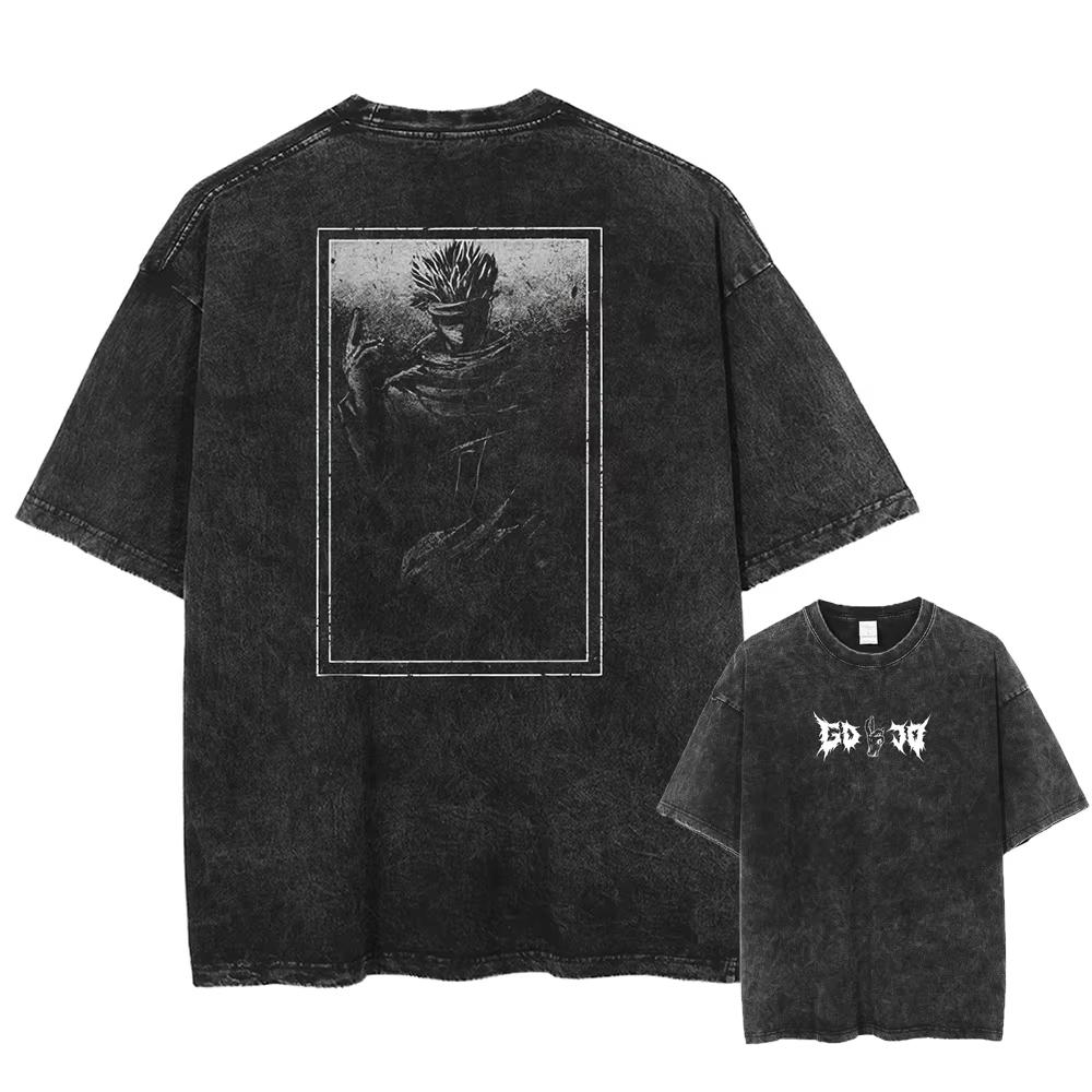 Japan Anime Jujutsu Kaisen Gojo Satoru Print Washed Tshirt Men Pure Cotton Tshirts Manga Casual T Shirt Harajuku Top Streetwear