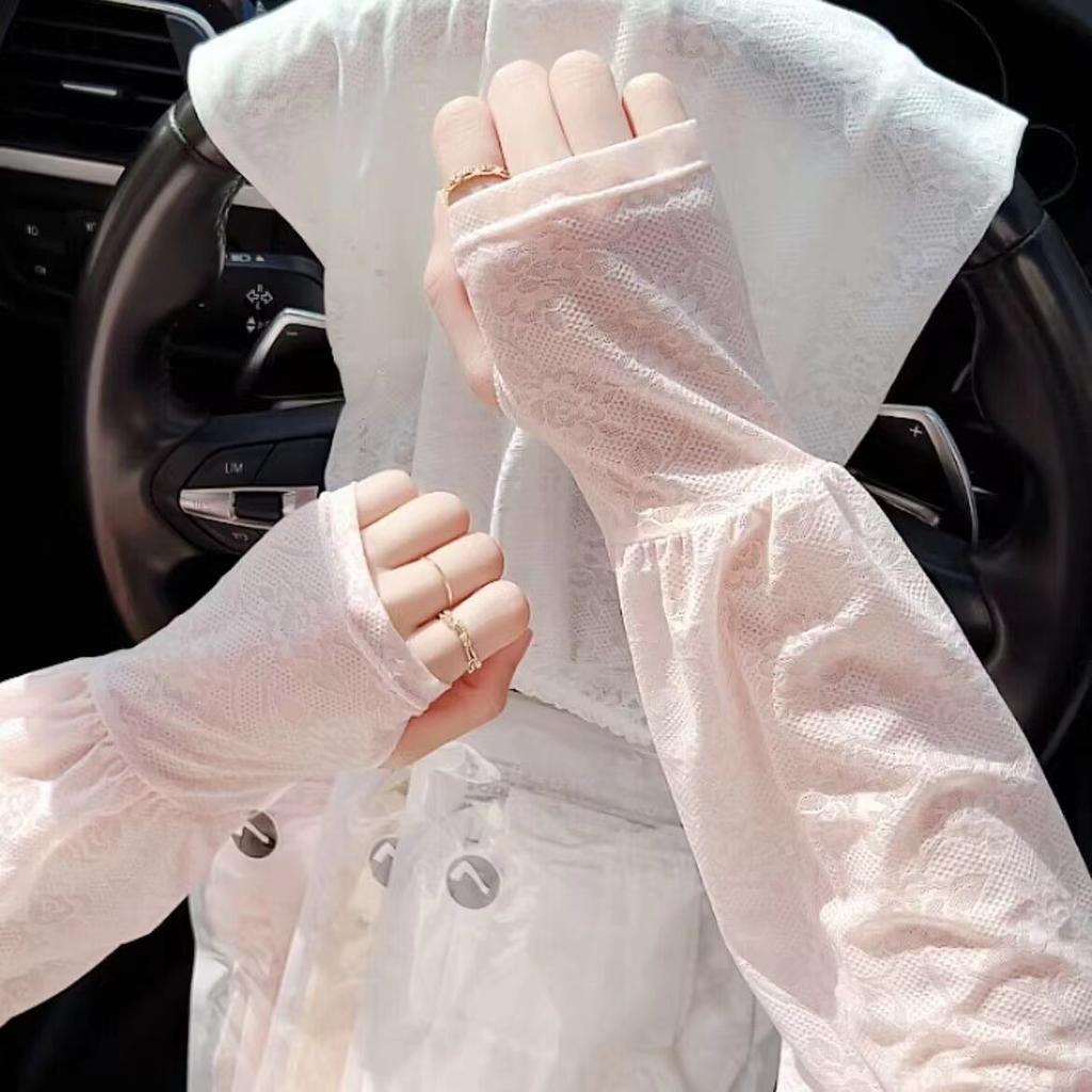Women's Lace Trim Ice Silk Arm Sleeves Loose Fit Sun Protection for Driving Cycling