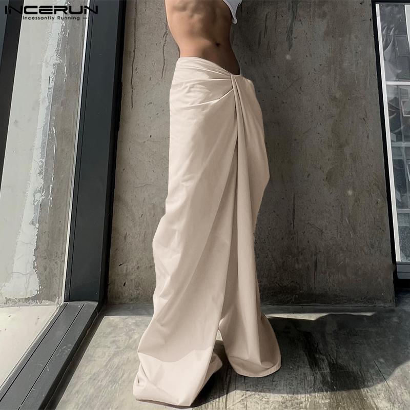 INCERUN Men Zipper Waist Long Pants Casual Twisted Wide Leg Trousers