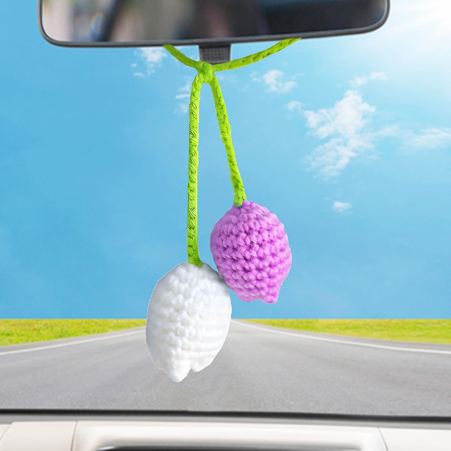 Crochet Tulip Rear View Mirror Accessories, Car Mirror Hanging Accessories, Cute Car Accessories for Women Interior Car Hanging Ornament Car Purple+white