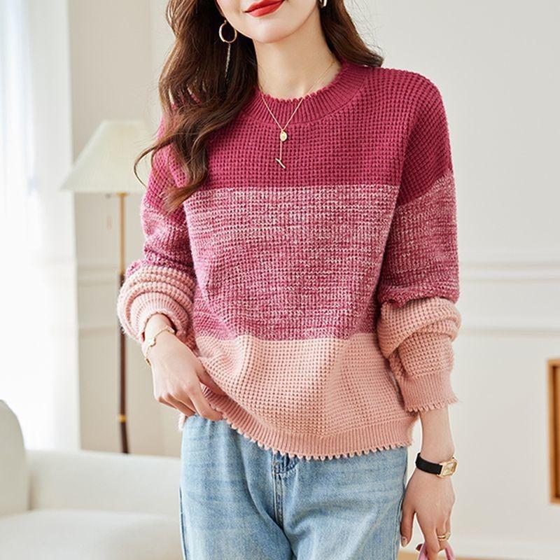 

Casual versatile contrasting color knitted bottoming shirt women s autumn and winter new loose and lazy round neck inner pullover sweater One size чёрный