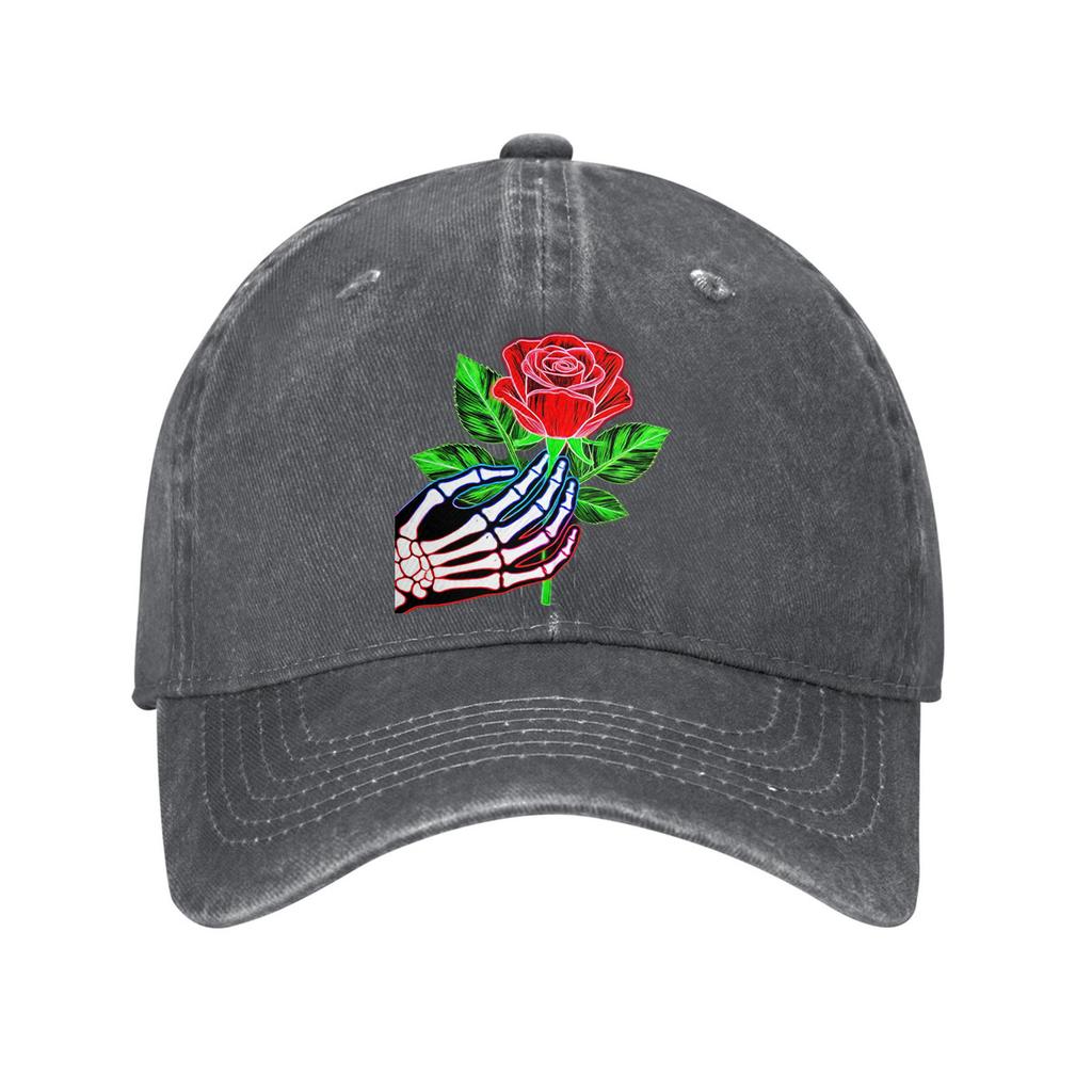 Skeleton Hand Holding Rose Baseball Cap Washed Denim Casual Adjustable Dad Hat Unisex
