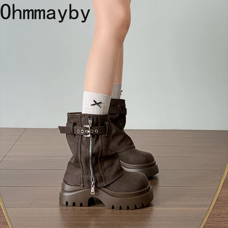 Vintage Platform Hoogteverhoging Dames Pijp Enkel Korte Laarzen Herfst Winter Dames Dikke Hak Ridderlaarzen botines para mujeres