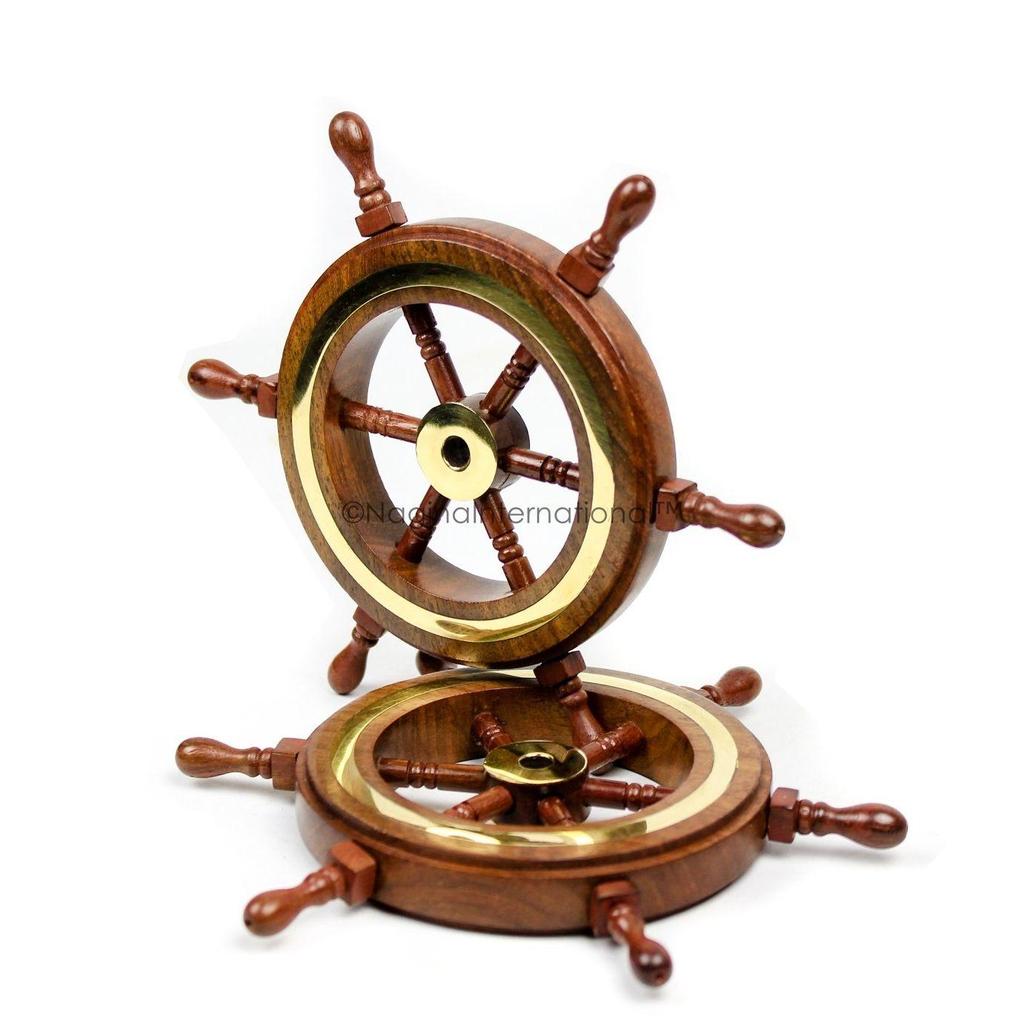 Hand Crafted Premium Nautical Wooden Ship Wheel | Exclusive Pirate's Wall Decor | Ocean  (Natural Wood - Brass Ring, 4 Inches)