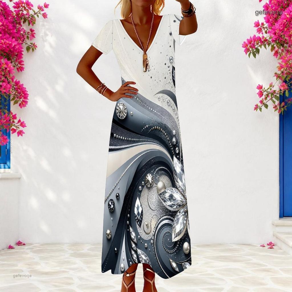 Women Plus Size V Neck Short Sleeve Printed Long Dress White Gray Abstract Rhinestone Pattern