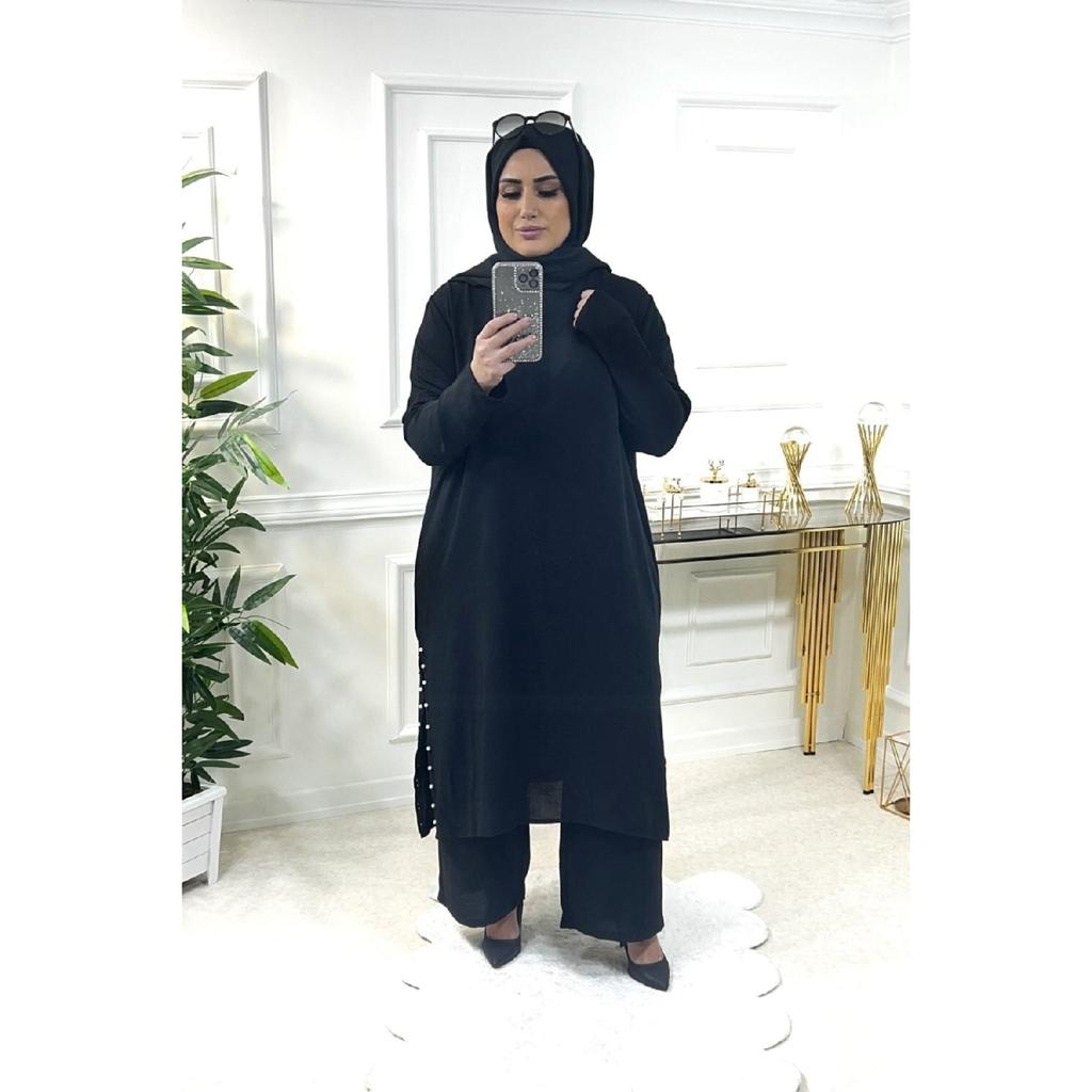 Large Size Pearl Suit With Slits On The Sides - Black