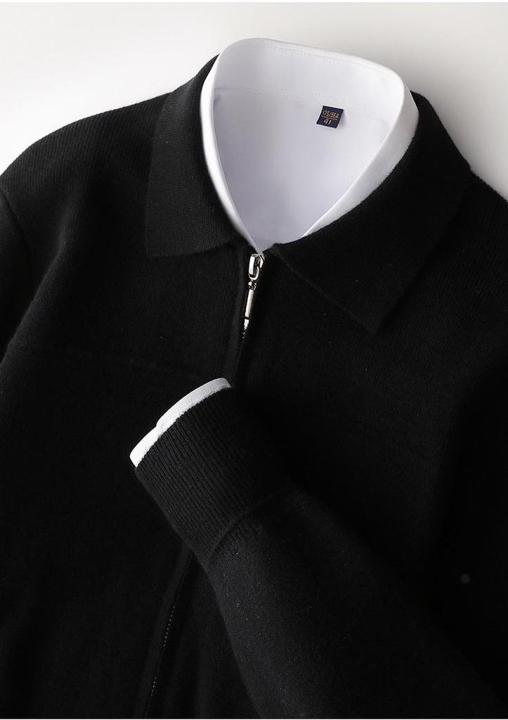 Men's Casual Lapel Pure Wool Zipper Cardigan - Thickened Knit Outerwear for Autumn/Winter