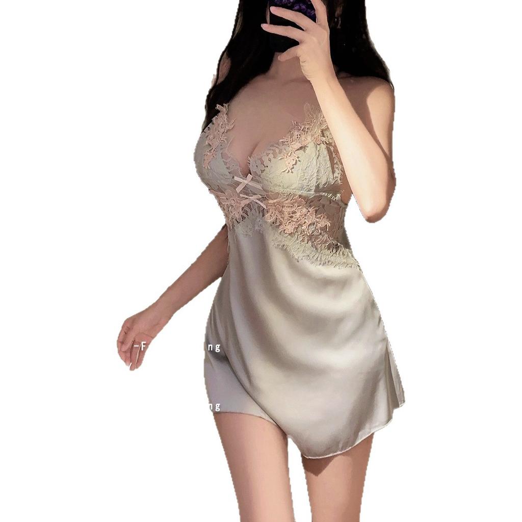 Sexy Pajamas with Chest Pads, Thin Ice Silk Lace Hollowed Out, Pure Desire Suspender Pajamas, Women's Autumn 1011 New Loungewear
