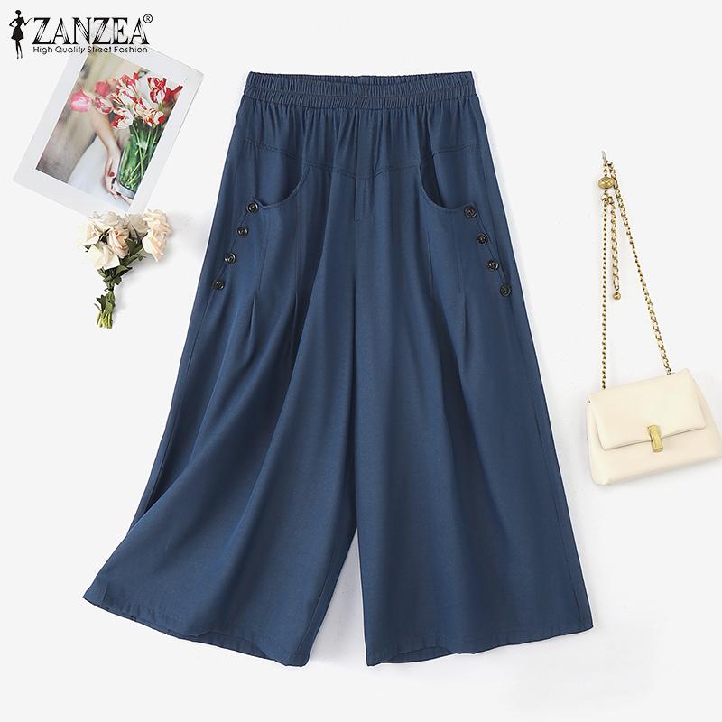 ZANZEA Damebukser med vide ben og elastisk midje