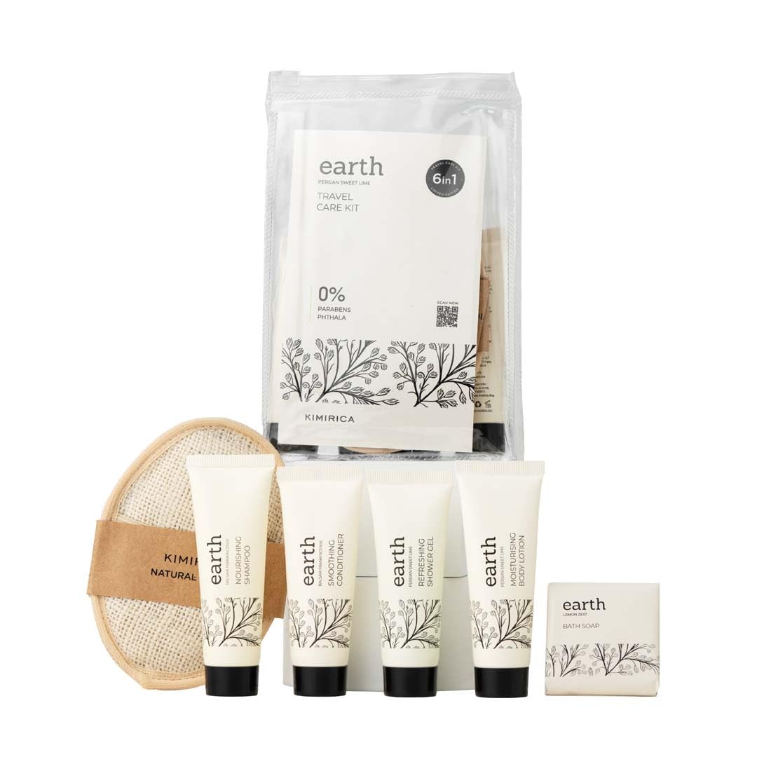 

Kimirica Travel Kit Bath Set Earth Luxury Bath and Body Care Travel pouch| 6 in 1 self-care travel kit with a reusable pouch 100% Vegan