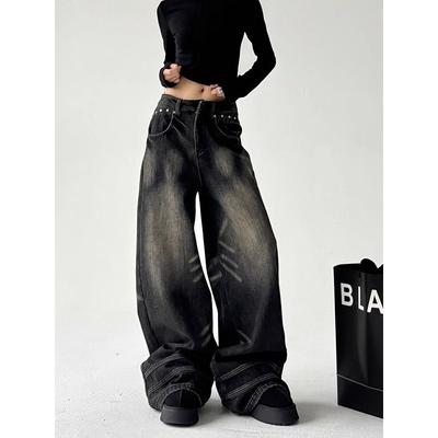 Vintage čierne široké džínsy dámske nadrozmerné high street kórejská móda voľné džínsové nohavice Y2k dámske hip hop