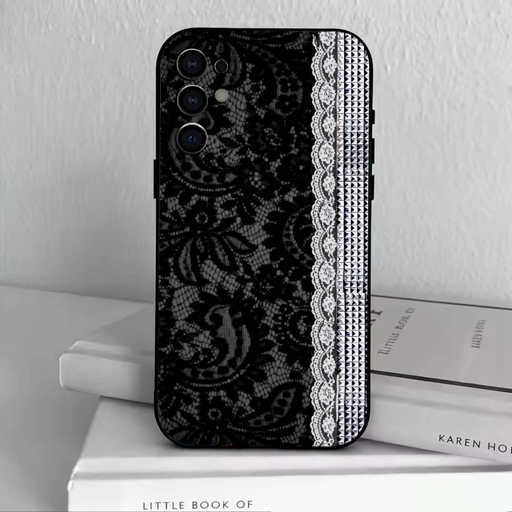 Elegant Black Lace Print Design Phone Case For Samsung S25,S24,S21,S22,S23,S30,Ultra,S20,Plus,Fe,Lite,Note,10,Black Cover
