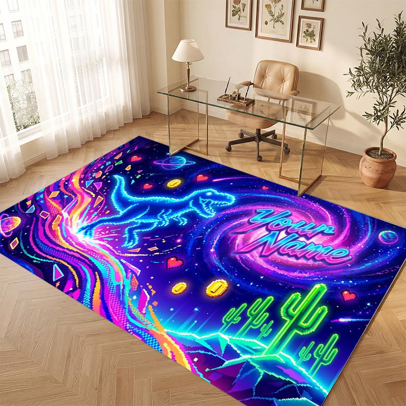 Dinosaur Theme Soft Crystal Velvet Rug Custom Name & Text Print Non Slip Floor Rug for Bedroom Living Room