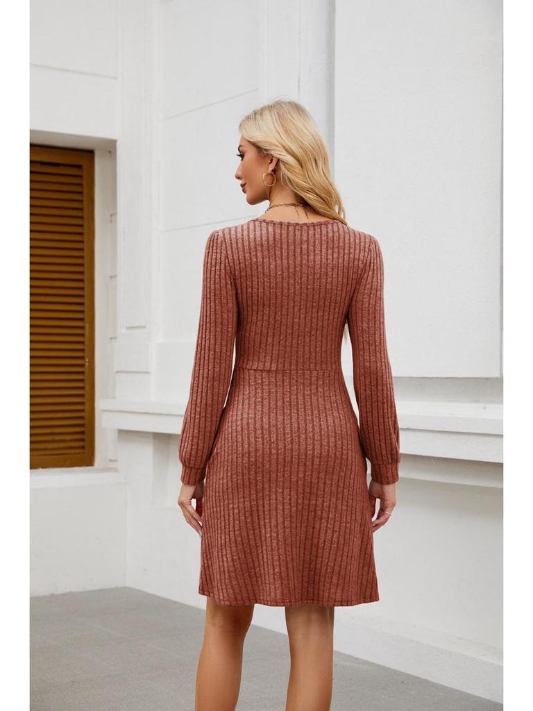 2025 Women's Square Neck Pocket Knit Sweater Dress - Long Sleeve Casual Fashion