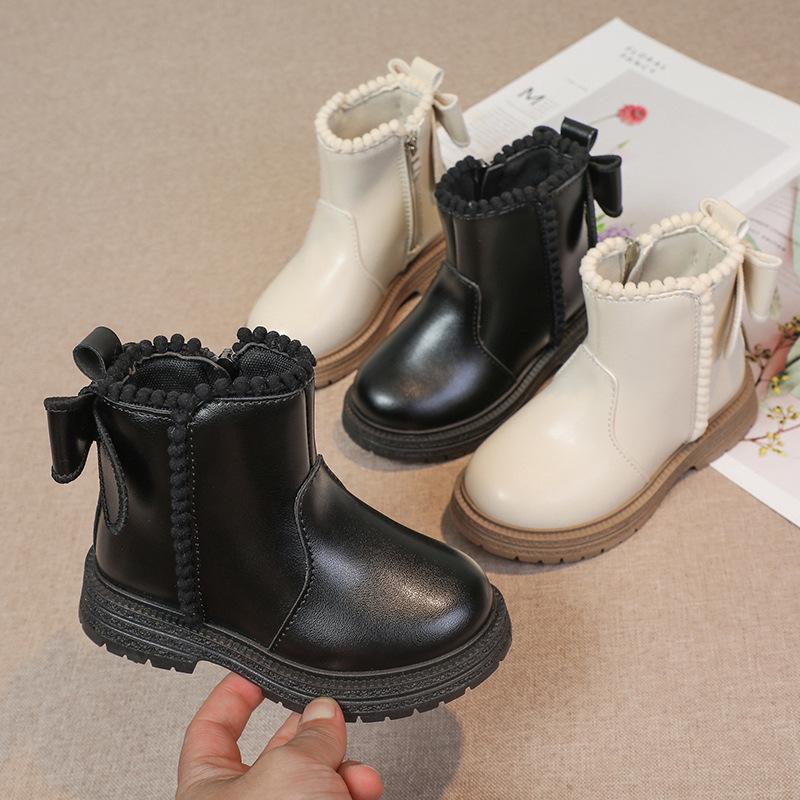 Children's Princess Style Single Boots Plus Velvet Short Boots Non-slip Soft Sole Leather Boots Side Zipper Warm Cotton Boots