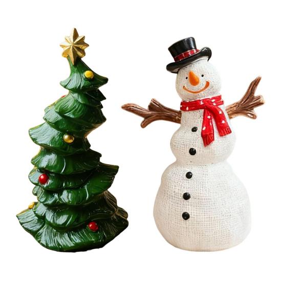 Mini Christmas Tree Figurine Cartoon Snowman Resin Statue Holiday Party Home Office Desktop Decoration Ornament Festival Gift