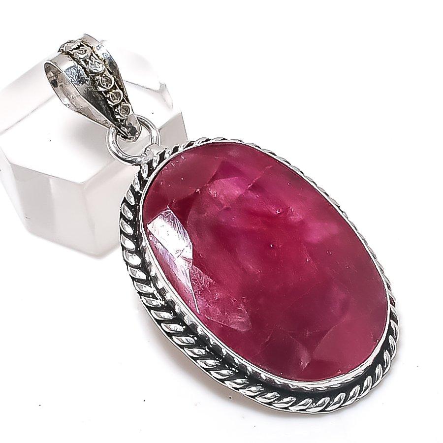 Natural Ruby(Simulated) Gemstone 925 Sterling Silver Jewelry Pendant 1.89" P9Z38