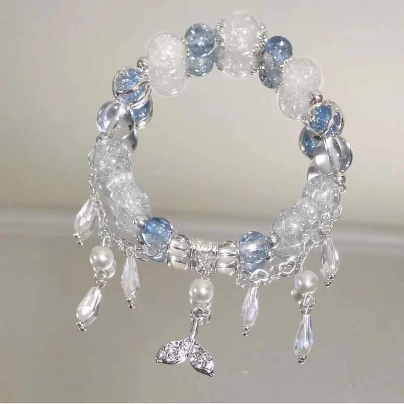 Light Luxury Purple Glass Crystal Beaded Bracelets for Women Chic Butterfly Tassel Pendant Bracelets Sweet Girl Wrist Jewelry