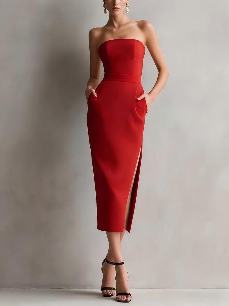 Luxuriöses trägerloses Midi-Kleid für Damen mit Taillenbetonung, Schlitz und Taschen - Perfekt für formelle Partys und Bankette.