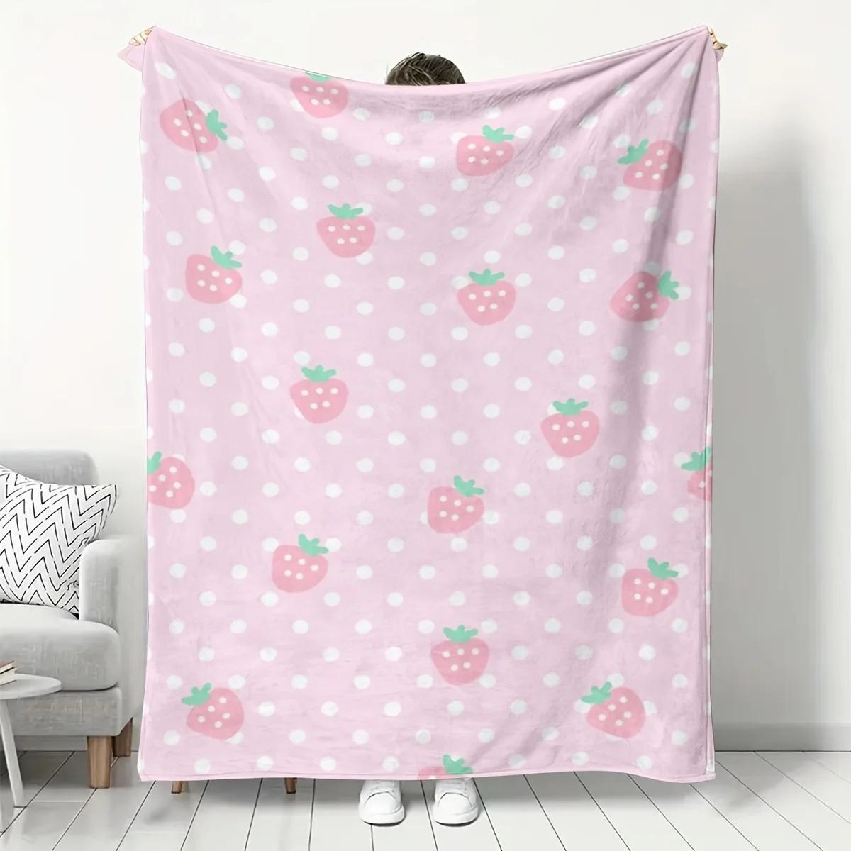 Soft Flannel Blanket Pink Strawberry Polka Dot Print Cozy Throw for Couch Bed Bedroom Office Warm Lightweight Decorative Cover 75cmx90cm