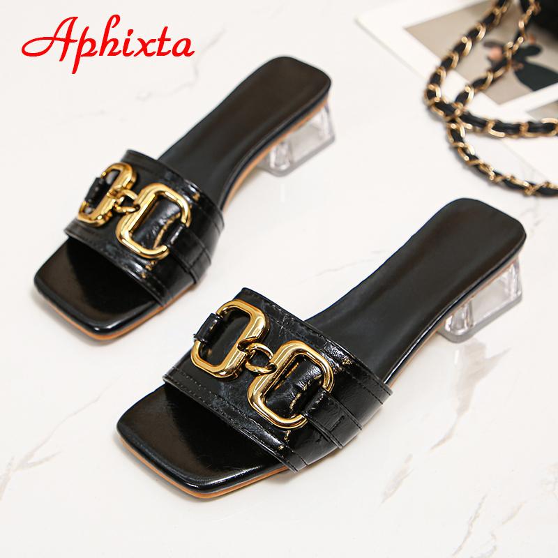 Aphixta 2025 Metal Buckle 3.5cm Transparent Square Heels Slides Women Peep Toe Mules Cool Summer Slippers Sandals Elegant Shoes