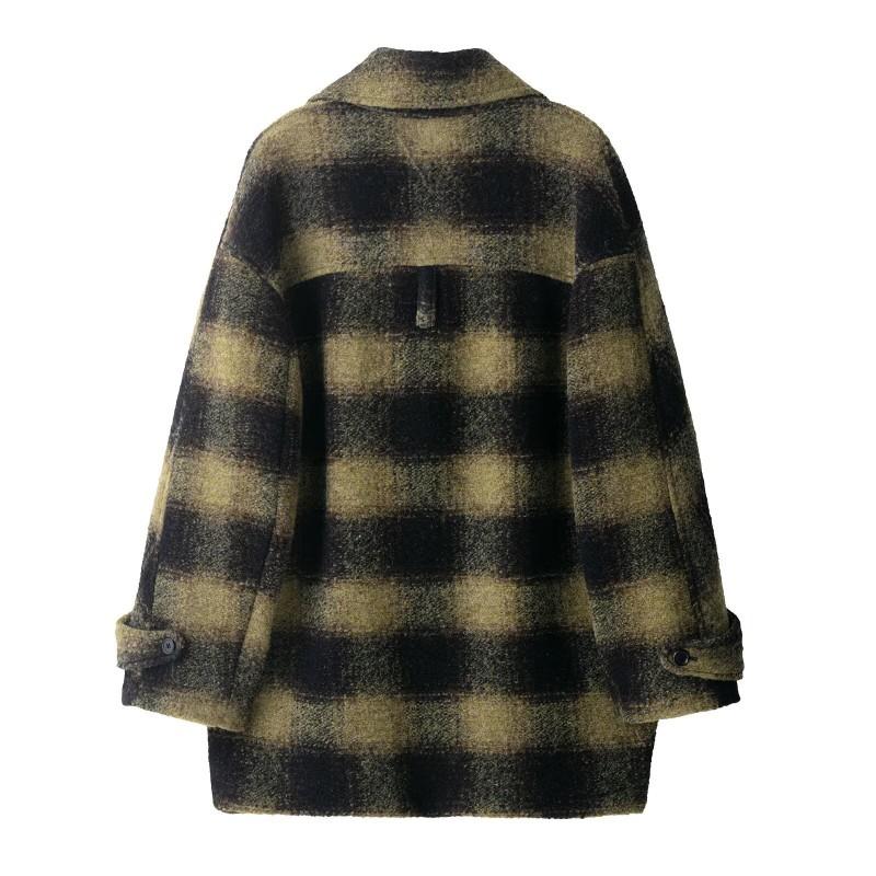 Womens Plaid Wool Blend Short Coat Loose Fit Turn Down Collar Single Breasted Casual Outerwear
