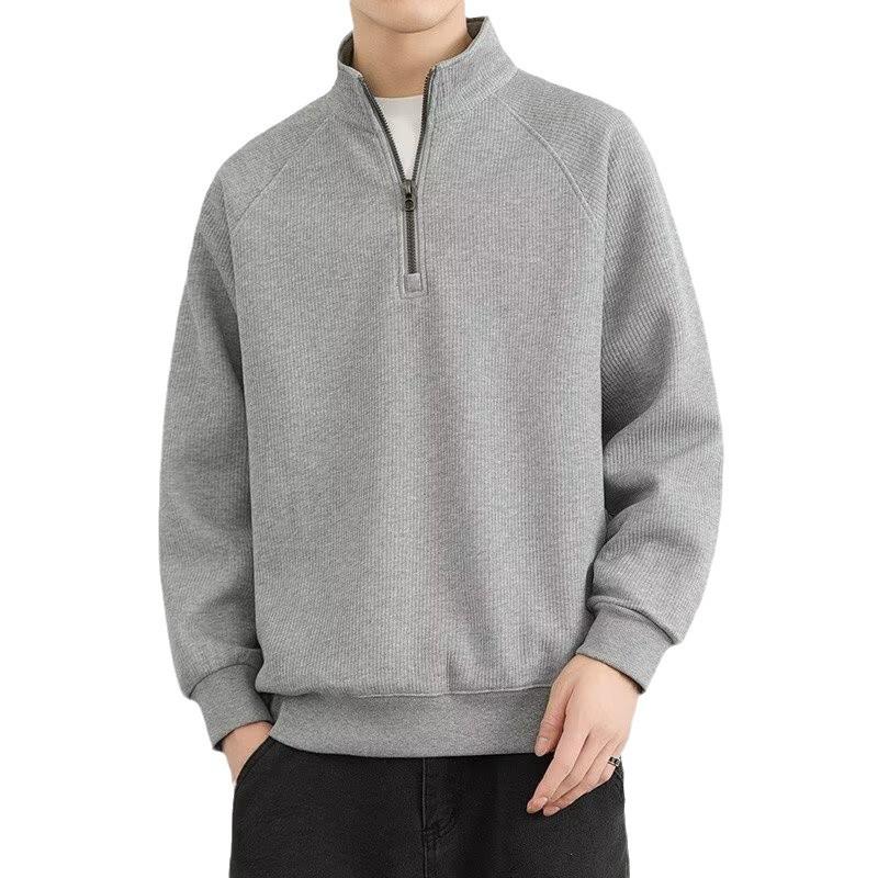 Men's Retro Fleece-Lined Half-Zip Stand Collar Jacket | Solid Color Casual Sweatshirt for Spring, Autumn, Winter