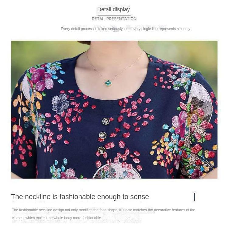 Dámské krátkorukávové s velkým potiskem Ledové hedvábí Krátkorukávové Volné Velké Velikosti Top Trhané Květiny Sto Triček