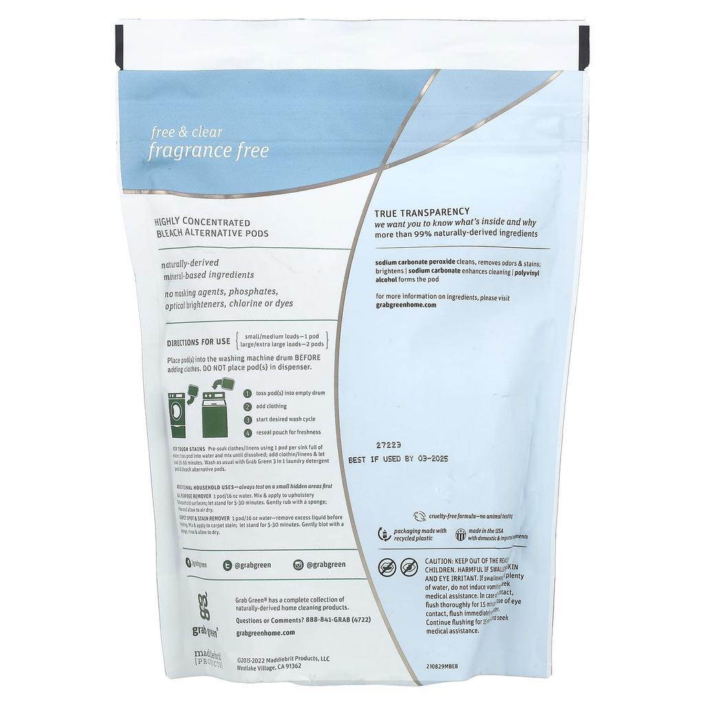 Bleach Alternative Powder Detergent Pods, Fragrance Free, 24 Uses, 360G(12.6Oz)